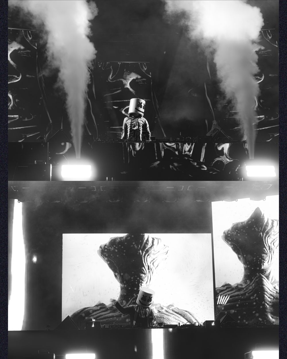 Black and white concert photo showing a skeleton performer on stage with dramatic fog effects and large screens displaying textured visuals.