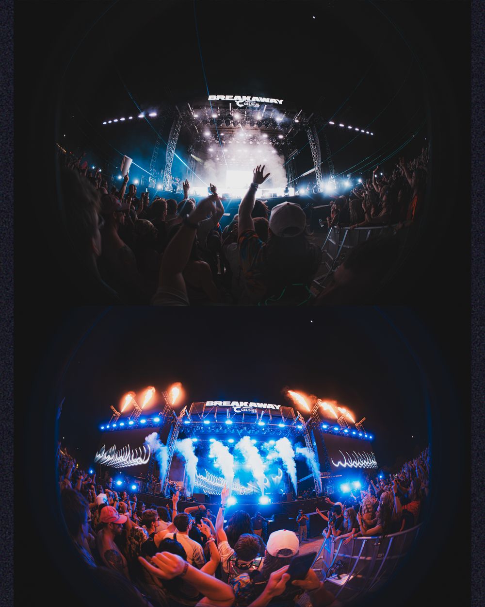 Two concert photos showing an energetic crowd at a music festival with dramatic stage lighting and pyrotechnics.