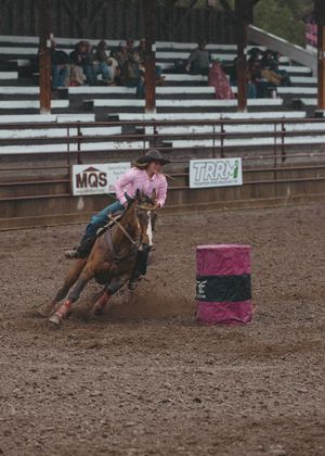 Barrel racer in pink shirt navigating a tight turn around a pink barrel on horseback.