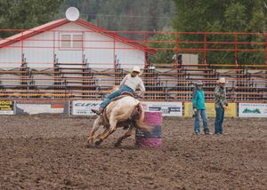 Cowboy riding a bucking palomino horse near a barrel at an outdoor rodeo arena.