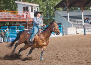 A female cowgirl rides a brown horse at full gallop during a barrel racing rodeo event.