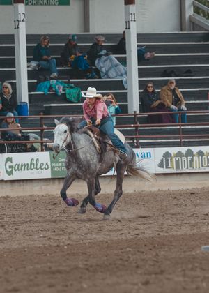 A female rider in pink guides a gray horse at full speed past grandstand spectators at a rodeo.
