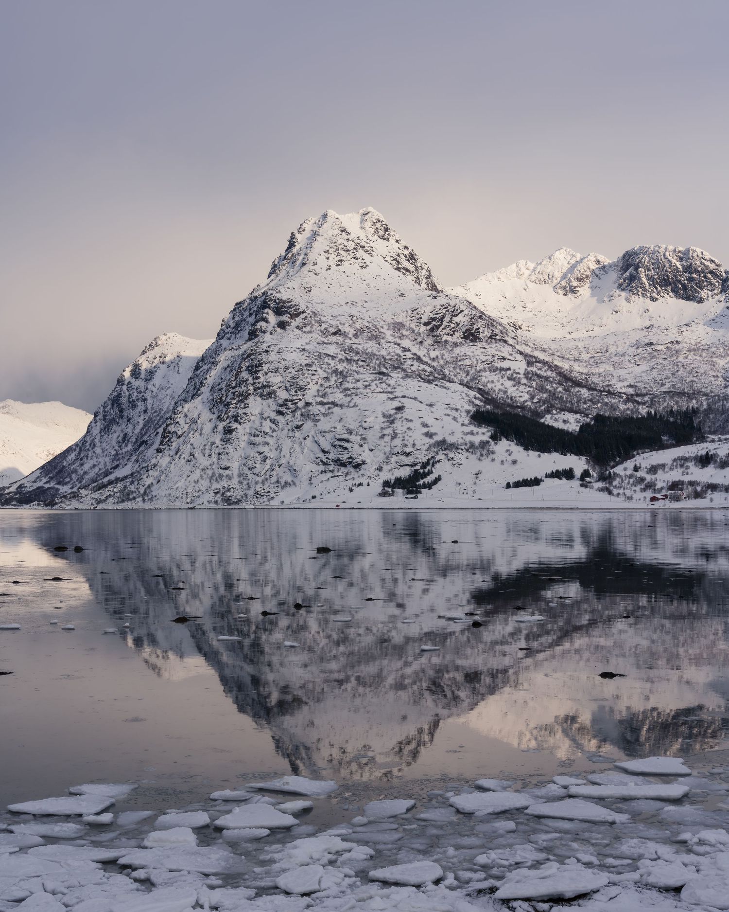 Snow-capped mountains reflecting perfectly in a calm icy fjord during winter in Norway.