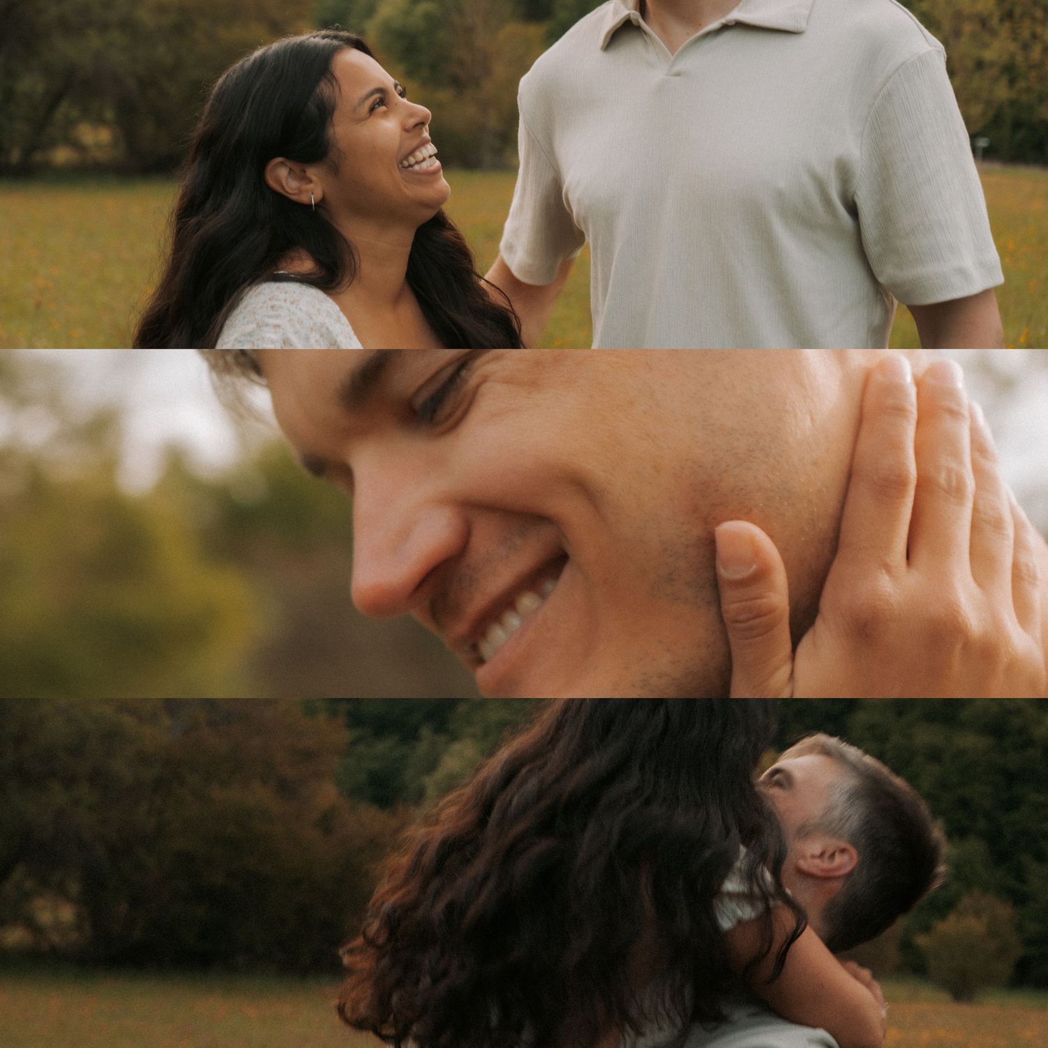 A couple sharing a romantic moment outdoors, leaning in close to kiss, surrounded by lush green trees.