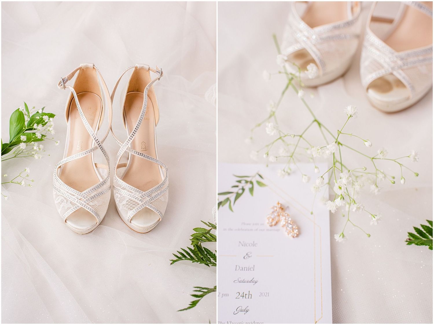 Elegant white bridal heels with crisscross straps beside a wedding invitation, lace shoes, and delicate greenery on white fabric.