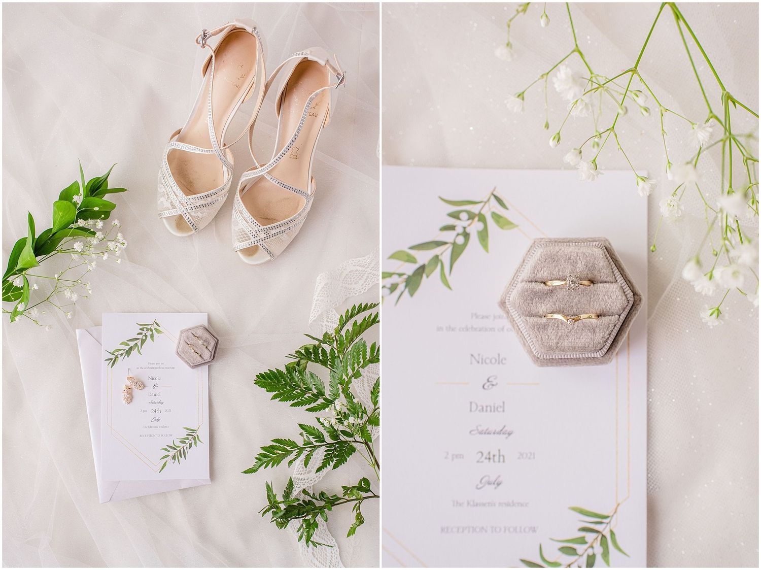 Flat lay of bridal details including white heels, wedding rings, invitation suite, and greenery on soft fabric.