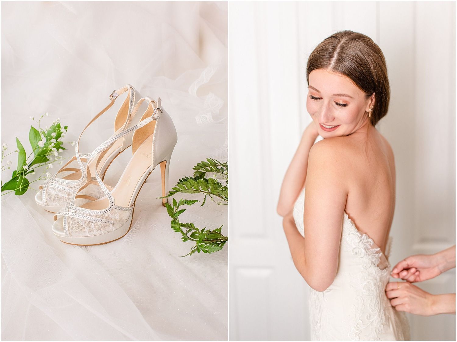 Bride in lace backless wedding gown with elegant heels and floral greenery detail.