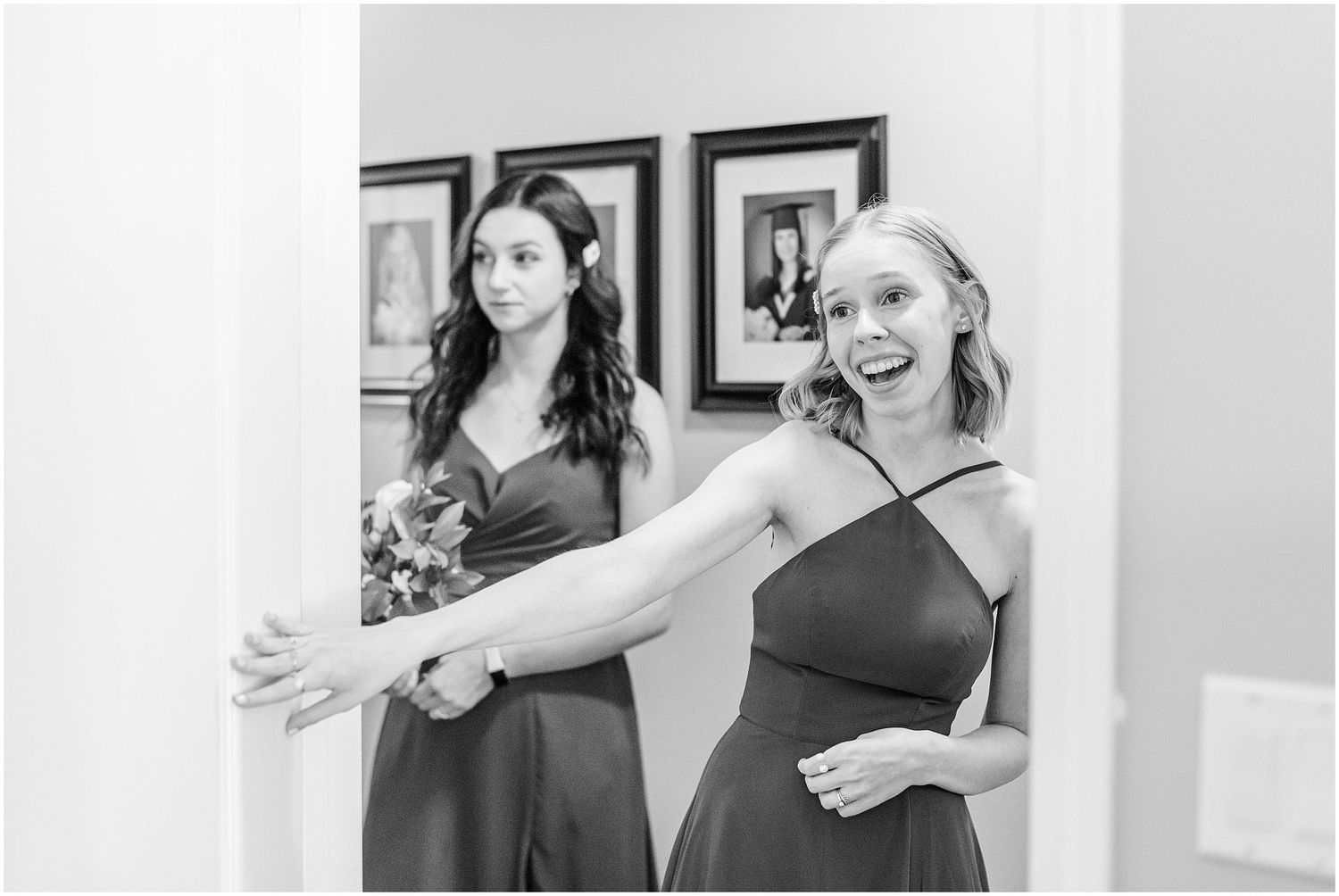 Bridesmaids in green dresses sharing an excited moment before the wedding ceremony.