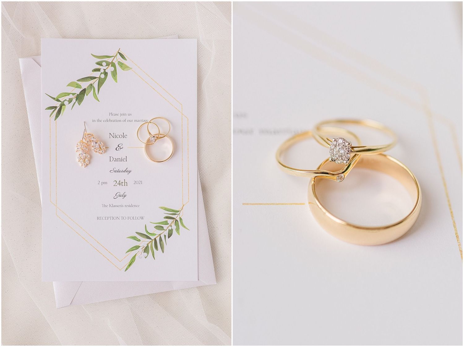 Wedding invitation with greenery design beside gold engagement and wedding rings on white background.
