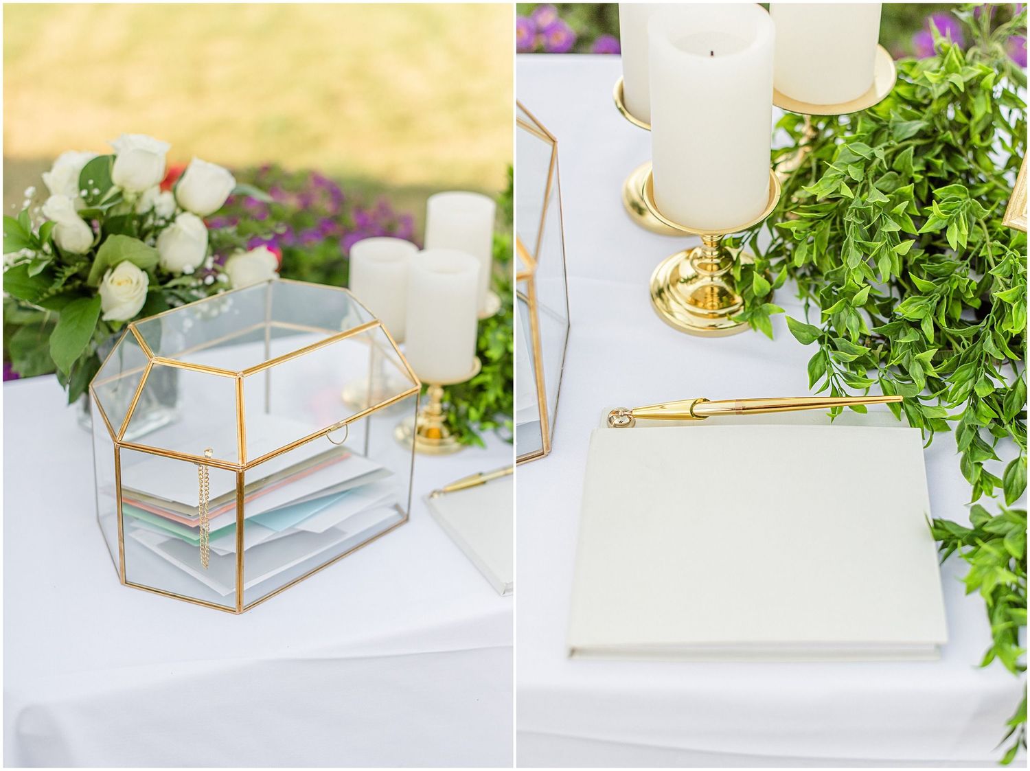 Gold geometric card box and white candles with floral arrangements on a white table at an elegant outdoor wedding reception.