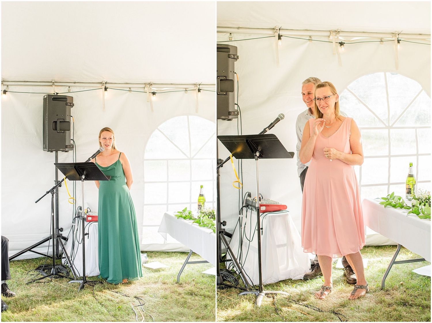 Bridesmaids in teal and pink dresses giving speeches at an outdoor wedding reception under a tent.