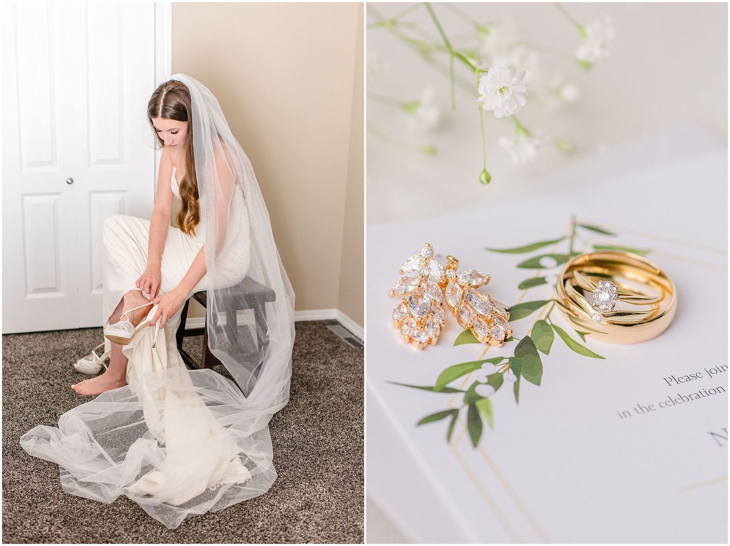 Bride adjusting her shoes in a wedding gown with veil alongside gold rings and floral earrings on an invitation.