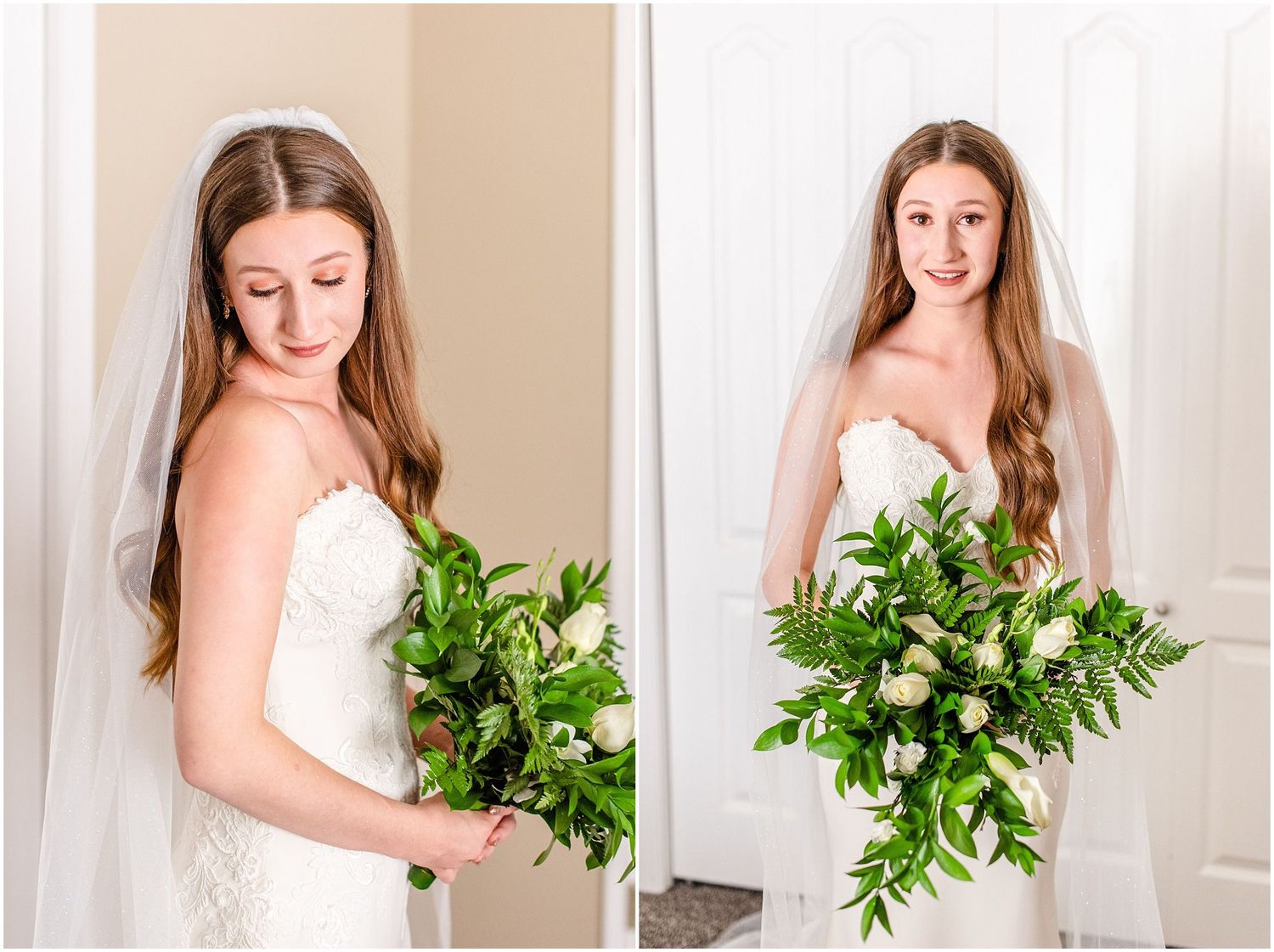 Side-by-side portraits of a bride in a strapless gown and veil holding a green and white bouquet.