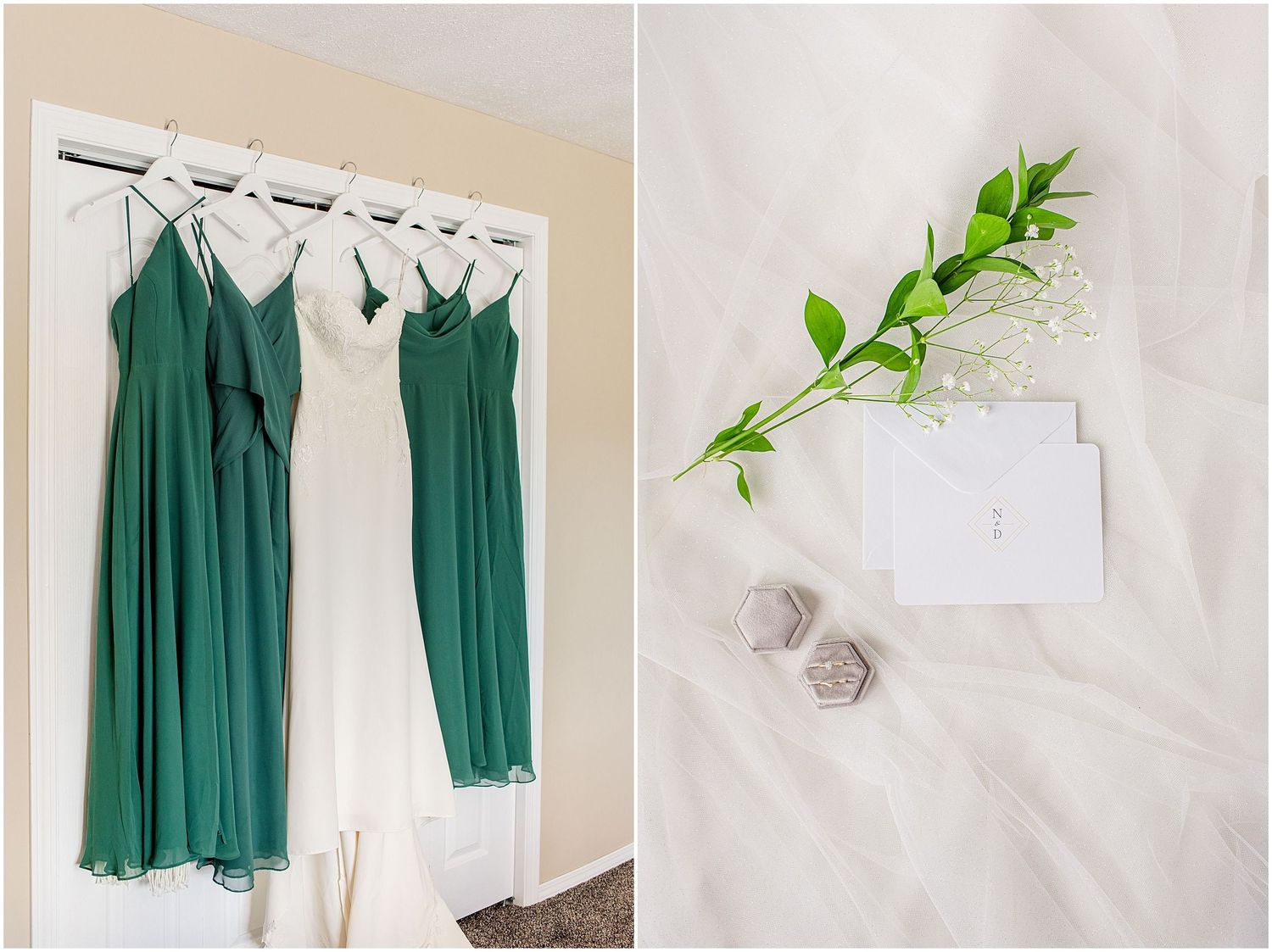 Green bridesmaid dresses hanging in closet beside wedding stationery, ring boxes, and floral greenery on white fabric.