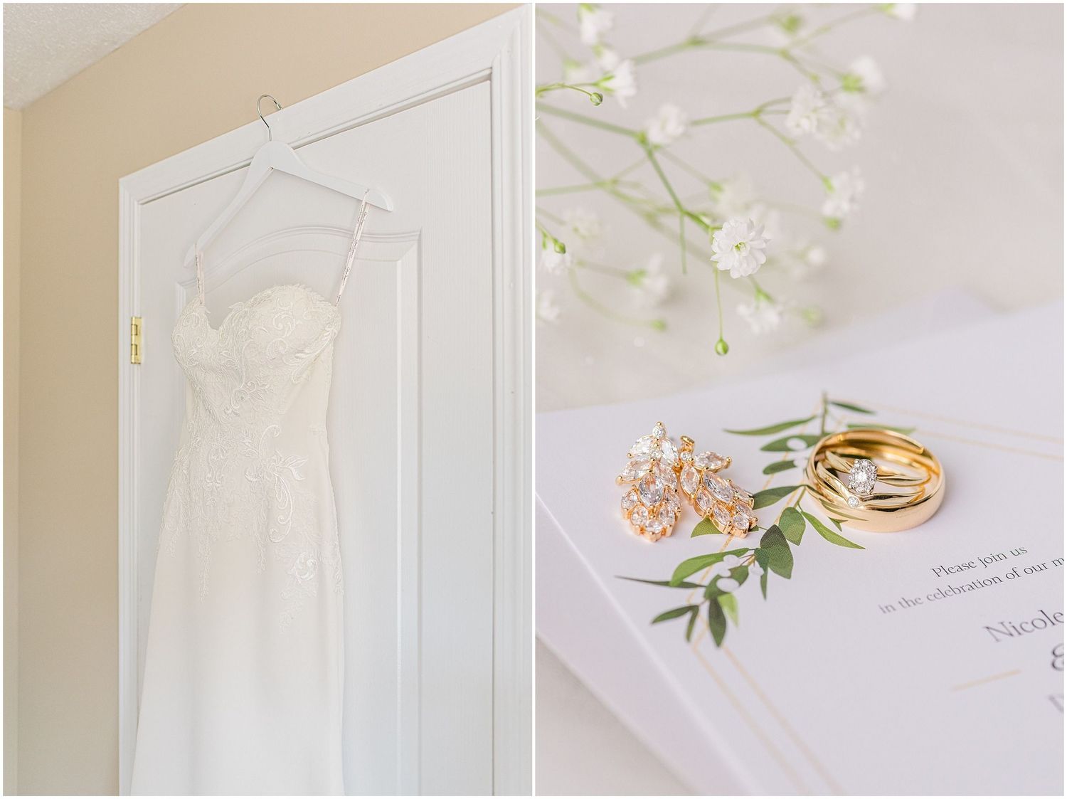 Bridal details flat lay featuring wedding rings, floral earrings, invitation, and white dress hanging in background.