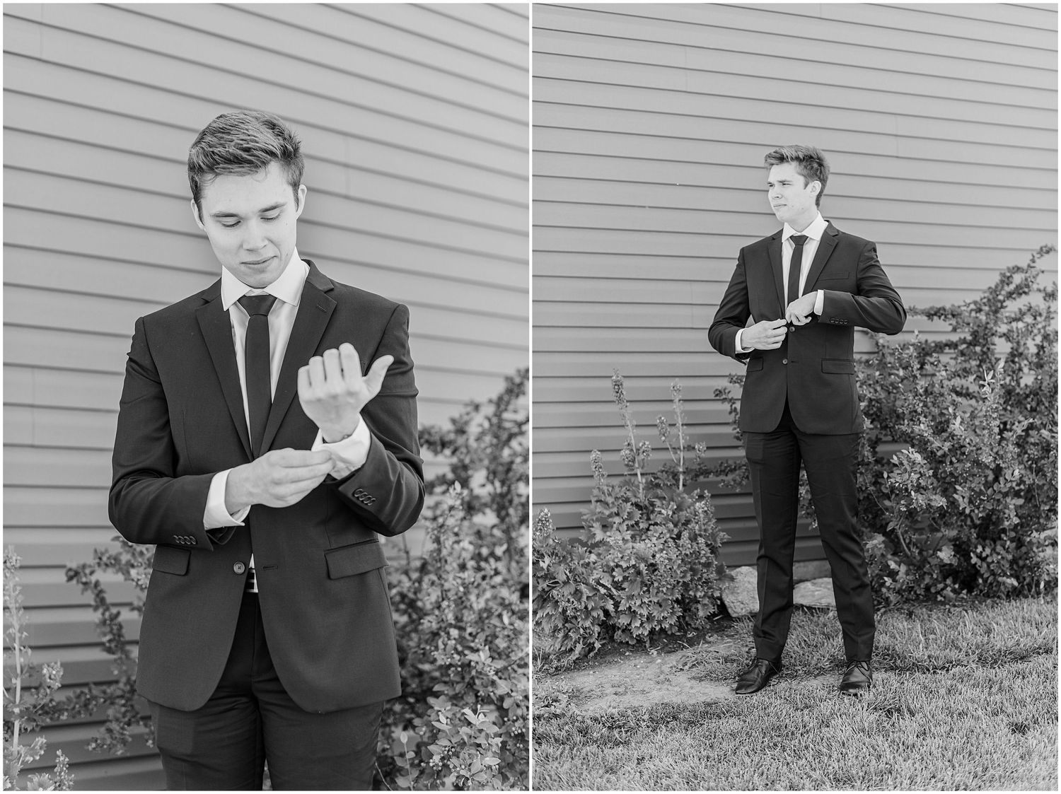 Groom in black suit adjusting cufflinks outdoors in black and white wedding portrait photography.