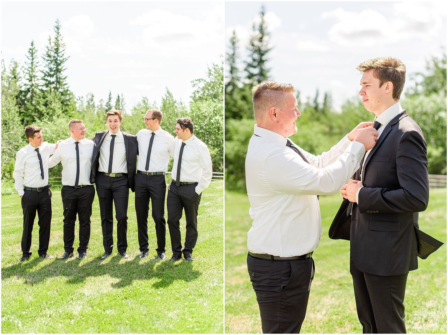 Groomsman adjusts grooms black suit jacket outdoors before wedding ceremony.