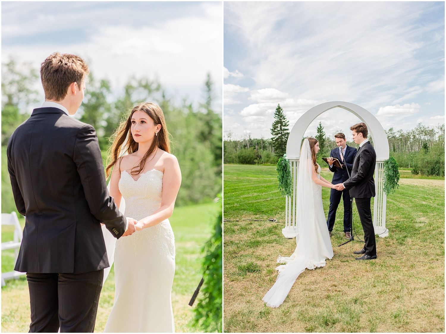 Bride and groom holding hands during emotional outdoor wedding ceremony under blue sky.