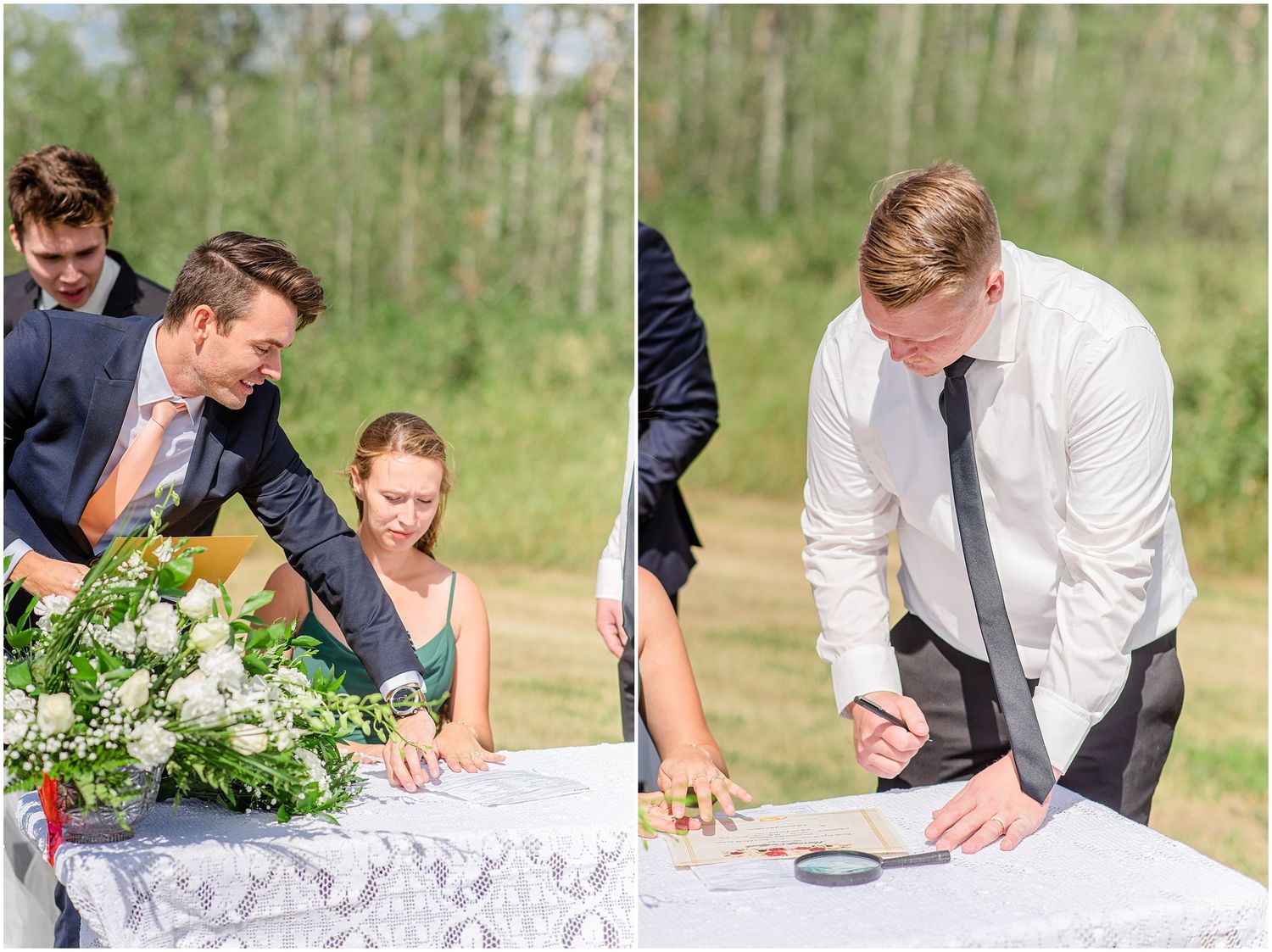 Bride and groom sign wedding documents at outdoor ceremony table with floral arrangements nearby.