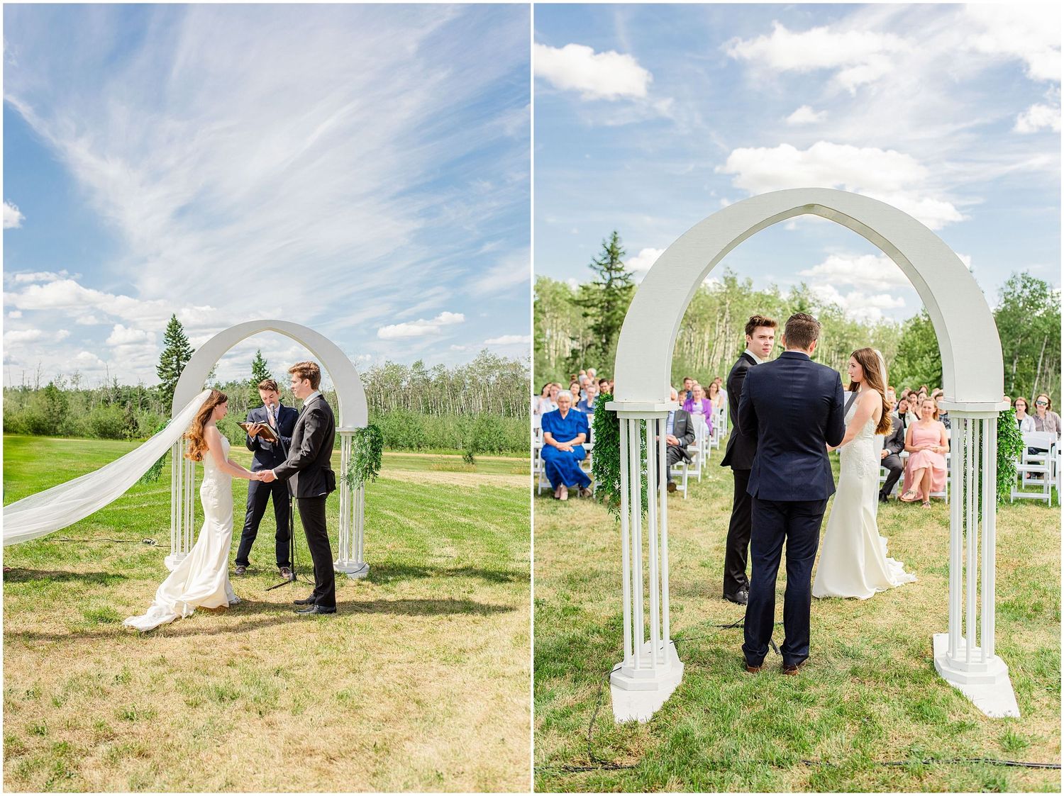 Outdoor wedding ceremony under white arch on lush green lawn with seated guests.
