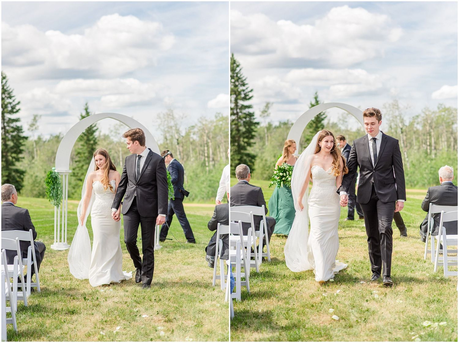 Newlyweds walk hand in hand down the aisle after their outdoor wedding ceremony on a sunny day.