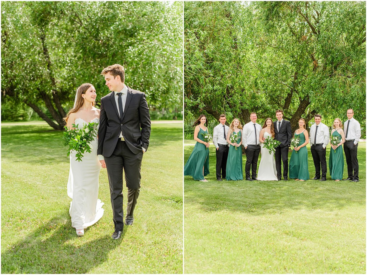 Bride and groom walk together in lush green garden, with wedding party in emerald dresses and black suits behind them.
