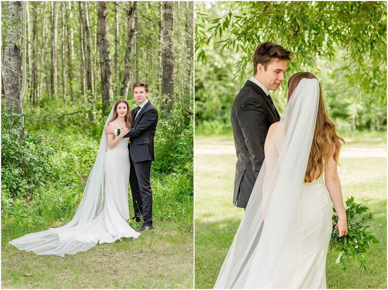 Bride and groom pose together in a lush green forest setting, bride wearing a flowing white gown with long veil.