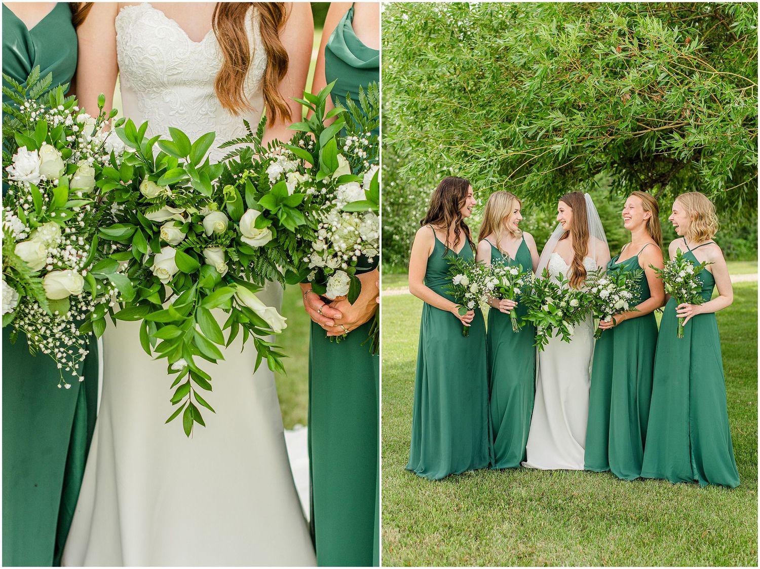 Bridesmaids in emerald green gowns hold lush bouquets of white roses and greenery at an outdoor wedding.