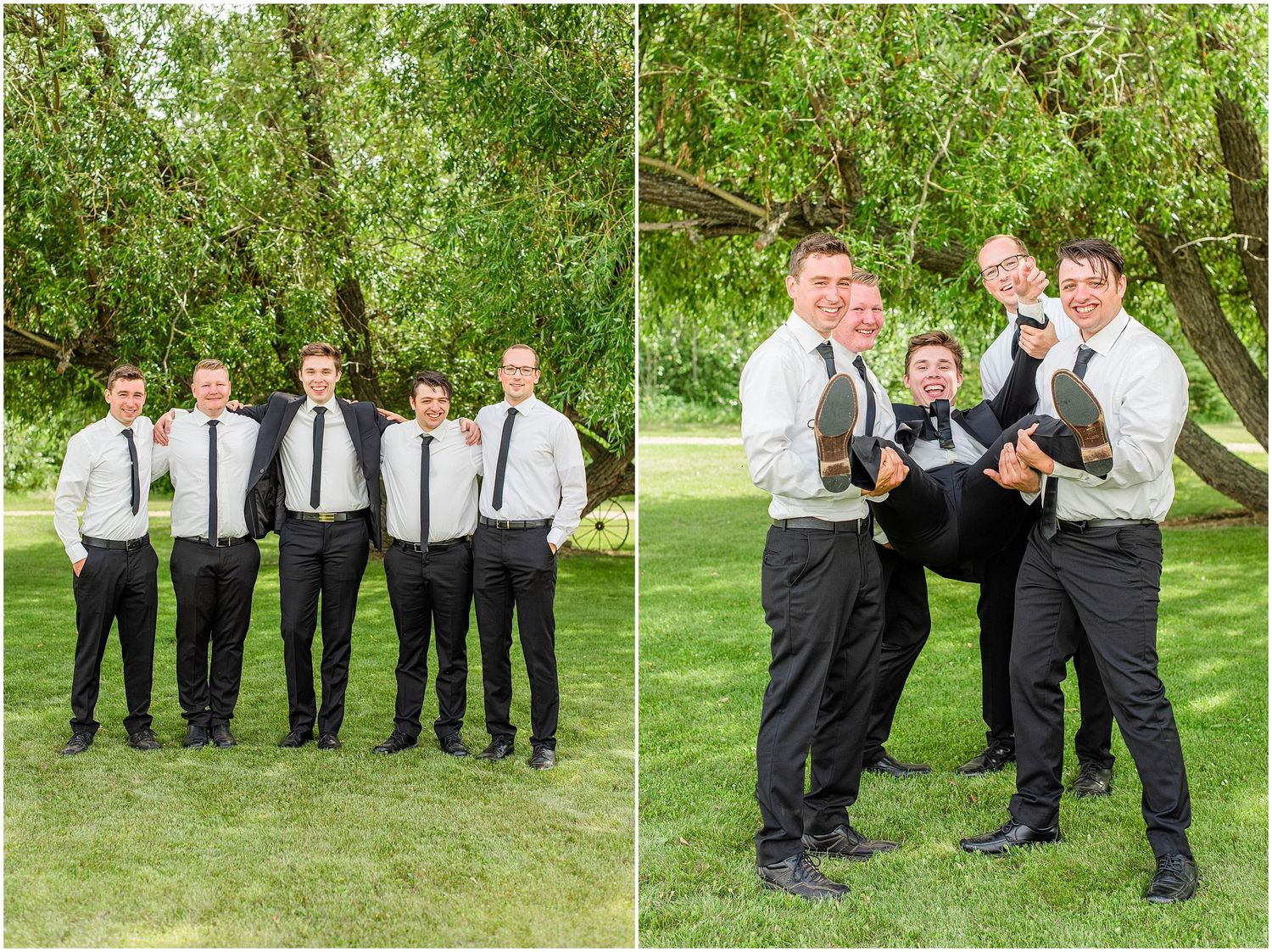 Groomsmen in black suits pose outdoors, one lifted playfully by the group.