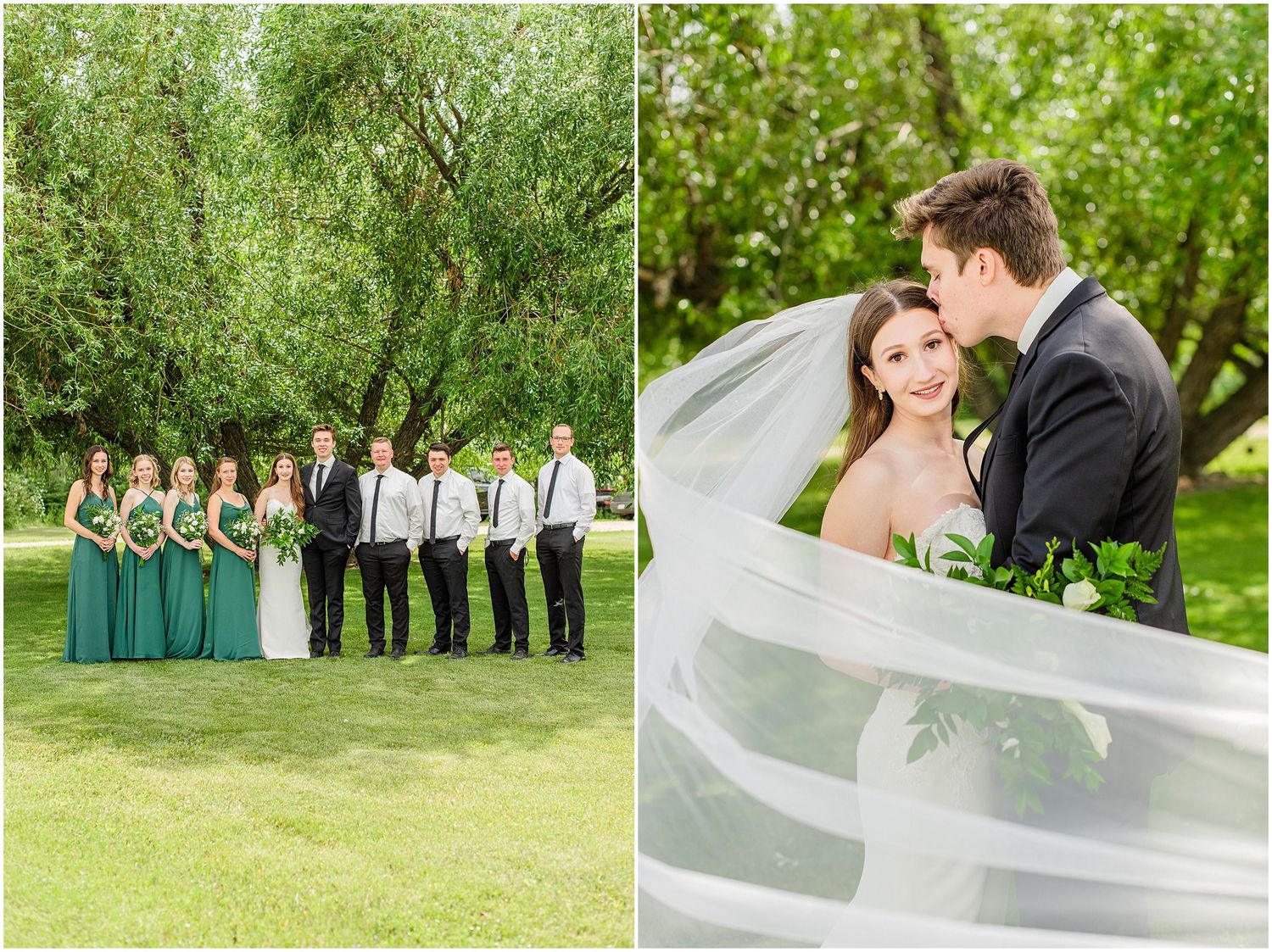 Wedding party posed under willow trees with bride and groom sharing romantic veil kiss.