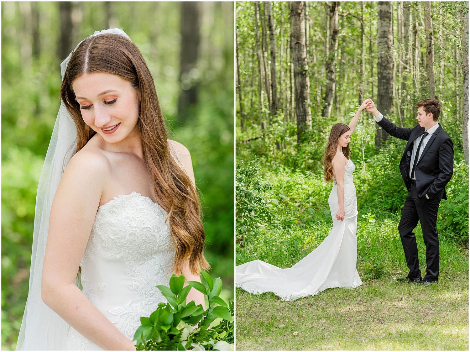 Bride in strapless lace gown holding greenery bouquet, groom twirling her in a sunlit birch forest.