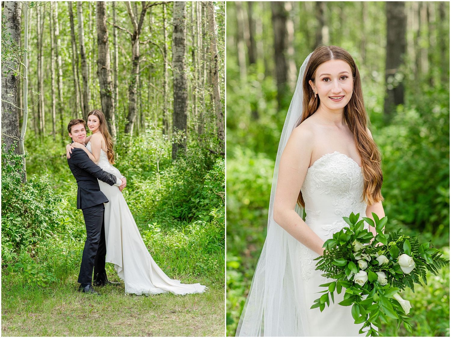 Bride in lace gown holding white bouquet poses with groom embracing her in a lush green forest.