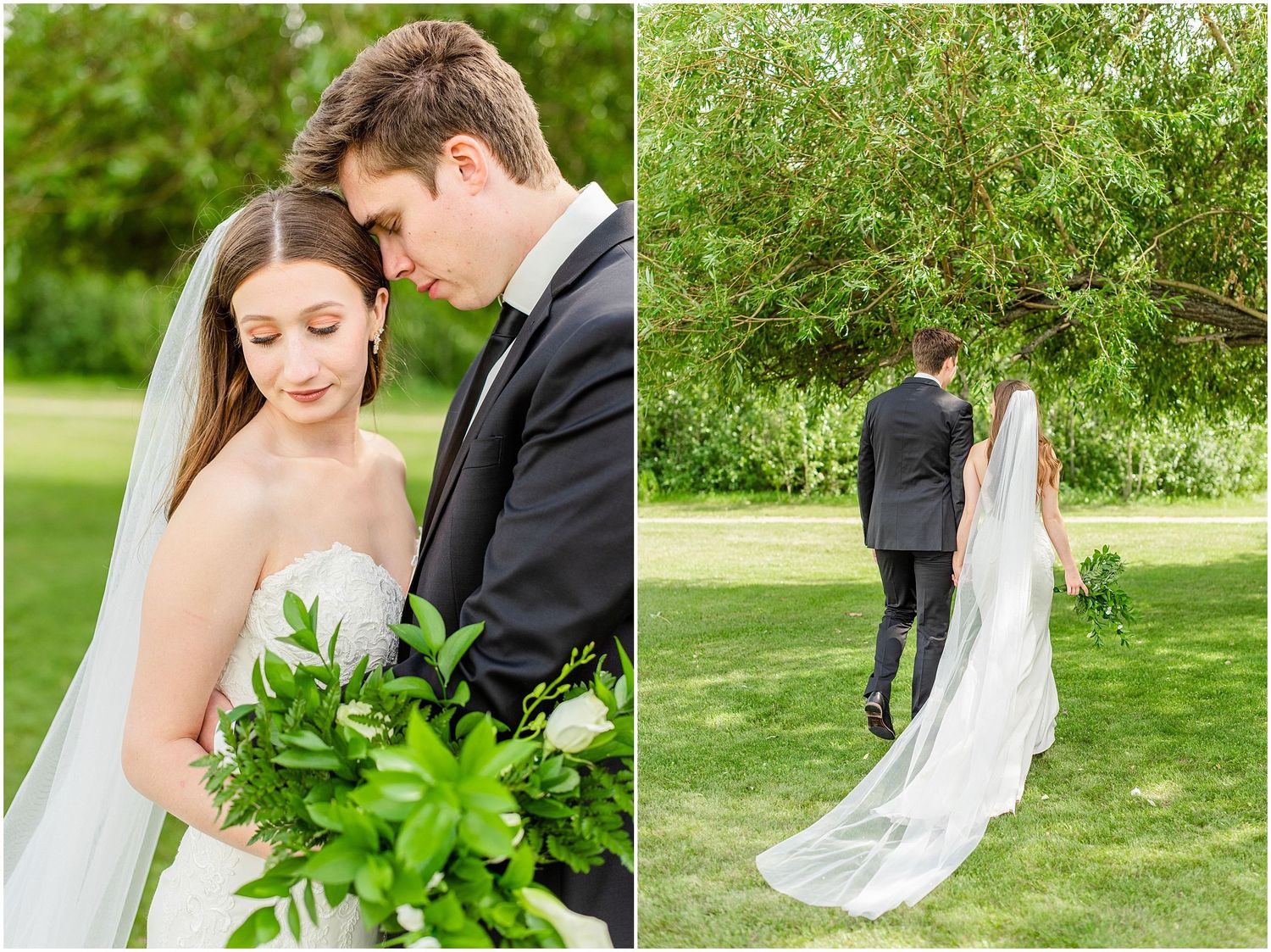 Bride and groom share an intimate forehead touch while bride holds greenery bouquet on a sunny lawn.