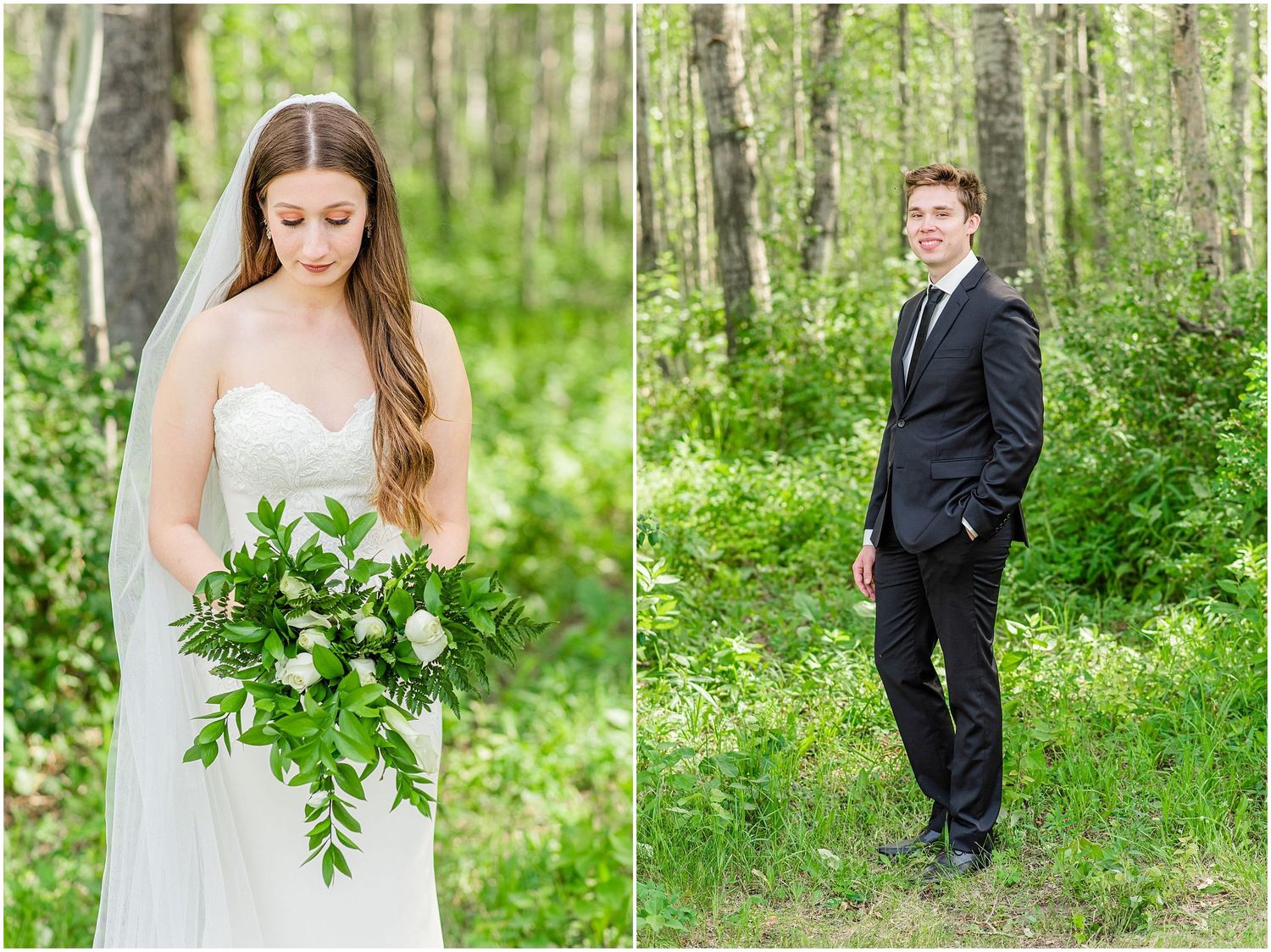 Split image of bride holding bouquet and groom standing in a lush green birch tree forest.