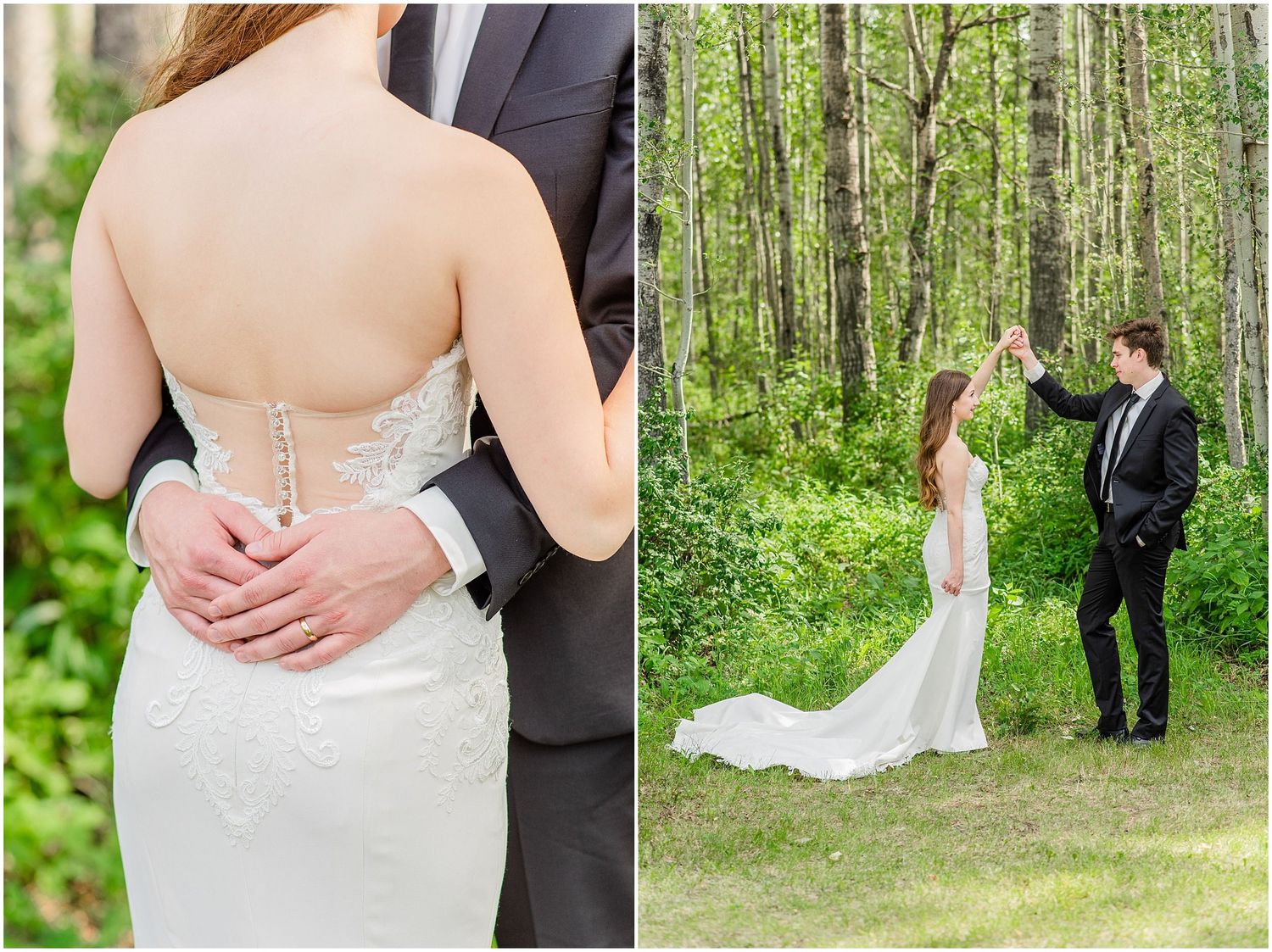 Groom twirls bride in a lace wedding gown among birch trees in a sunlit forest clearing.