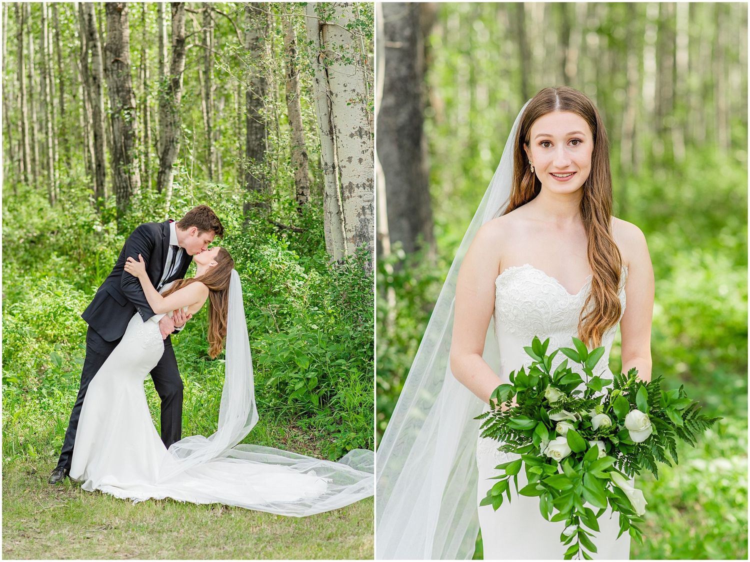 Groom dips bride for a kiss in the forest beside a portrait of the smiling bride with her bouquet.