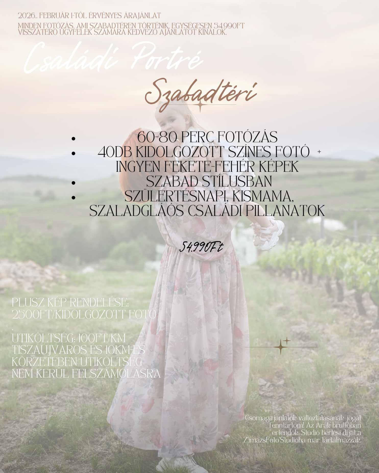 Hungarian family portrait photography package ad featuring a woman in white dress in a vineyard landscape.