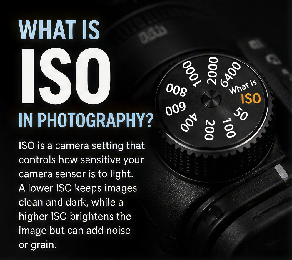 Infographic explaining ISO in photography with a camera dial showing ISO settings from 100 to 6400.