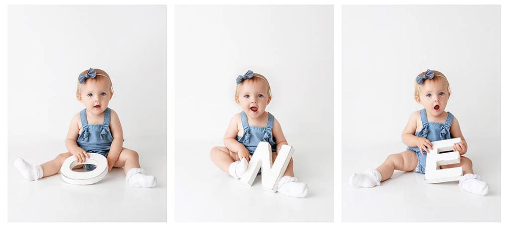 Triptych of a baby girl holding white letter blocks spelling ONE against a white background by professional Winchester baby photographer.