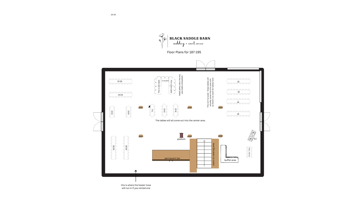 Barn wedding reception layout for 187–195 guests designed for high-capacity guest flow and clear pathways.