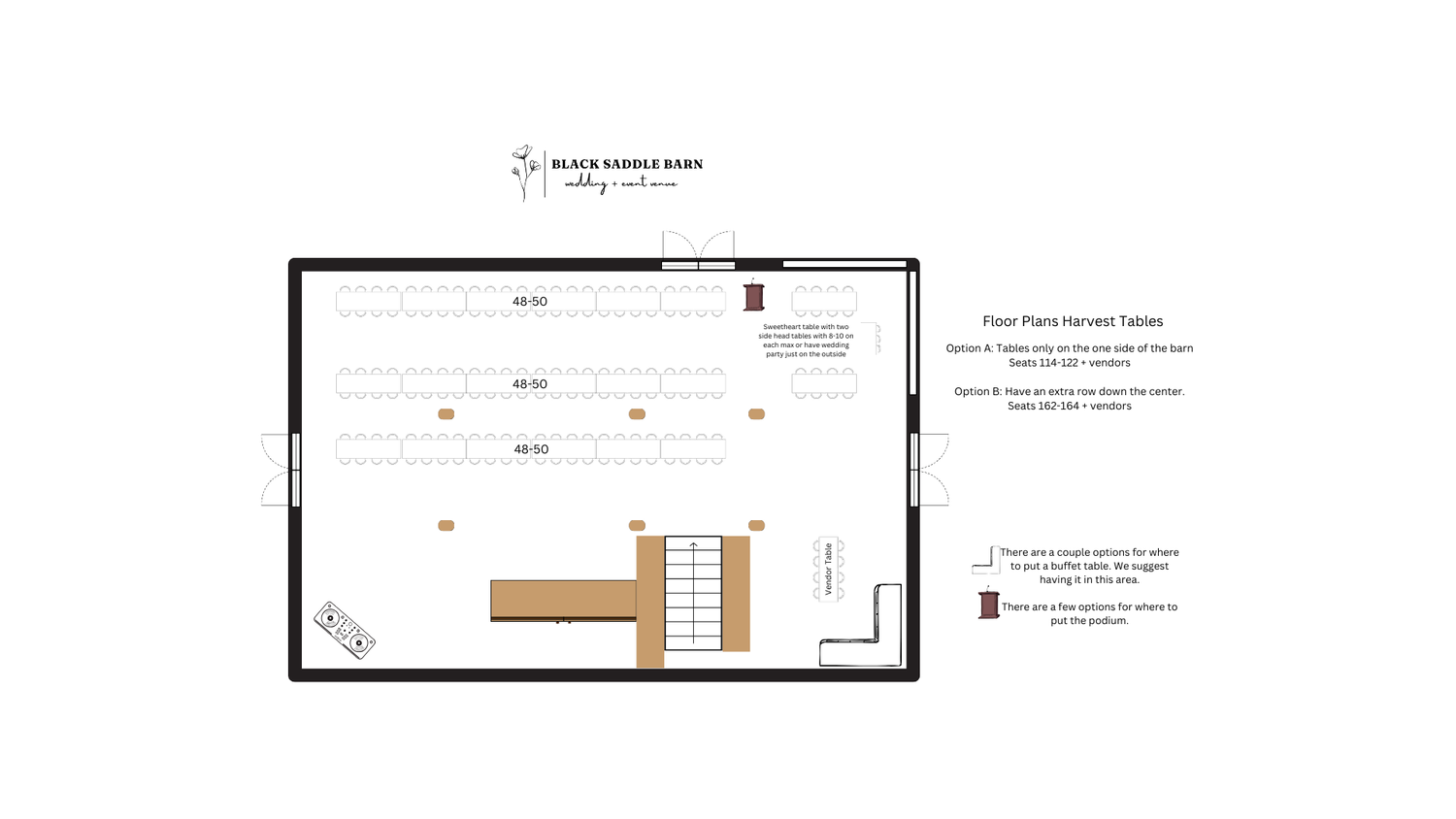Barn wedding floor plan for 114 to 164 guests with spacious rustic seating and minimal density layout design.