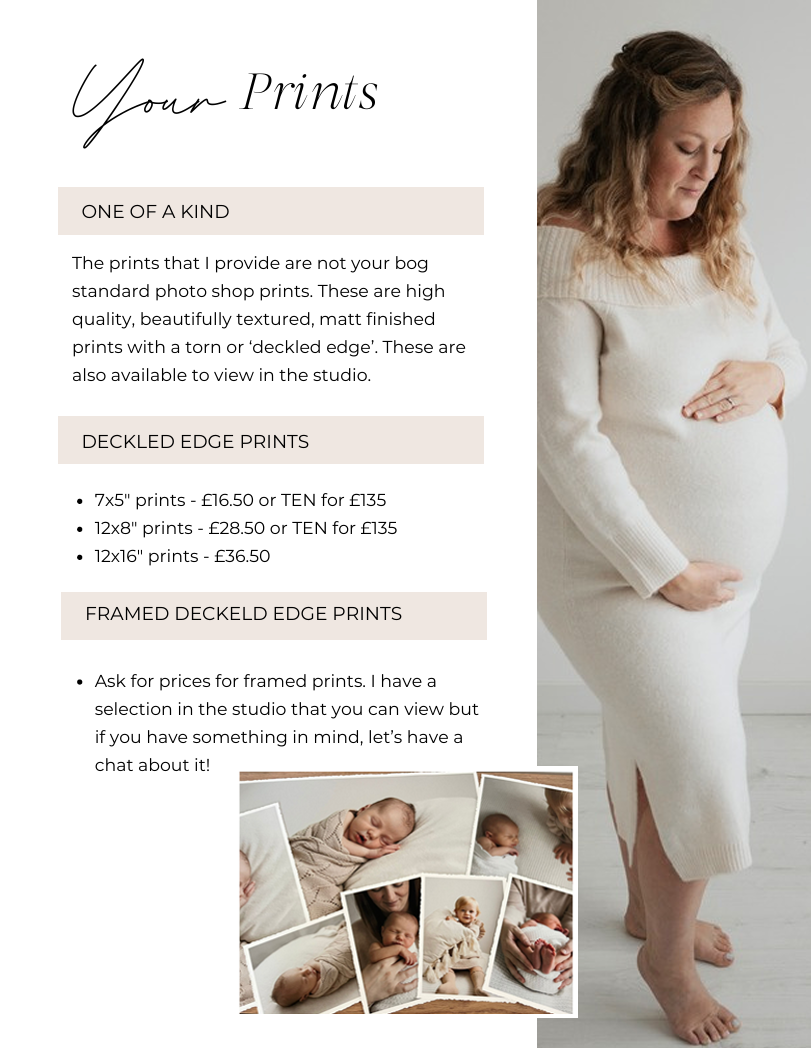 A pregnant woman in a cream knit dress poses beside a pricing guide for high-quality deckled edge maternity photo prints.