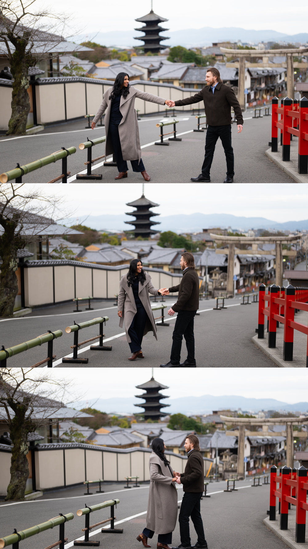 Couple meeting and holding hands on a scenic Kyoto street with Yasaka Pagoda behind them.