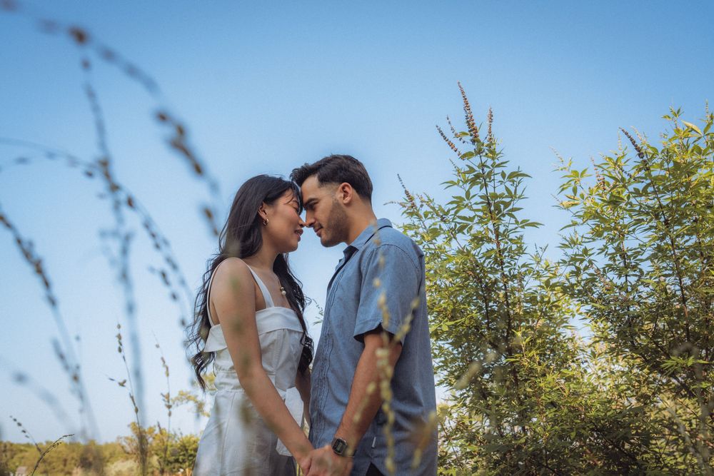 A couple holds hands and gazes into each other's eyes outdoors, surrounded by green trees under a clear blue sky.