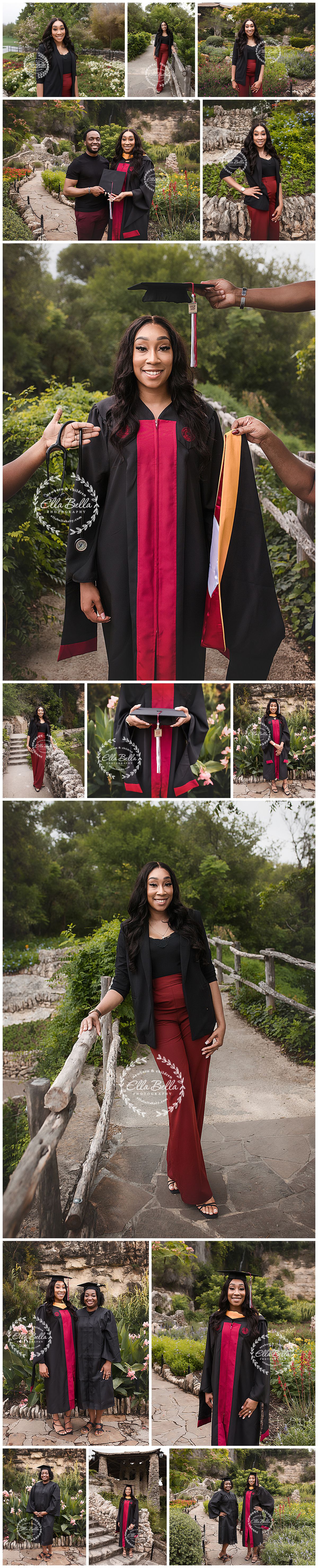 Young Black woman in graduation cap and gown with red hood poses in garden setting with family for senior portrait photos.