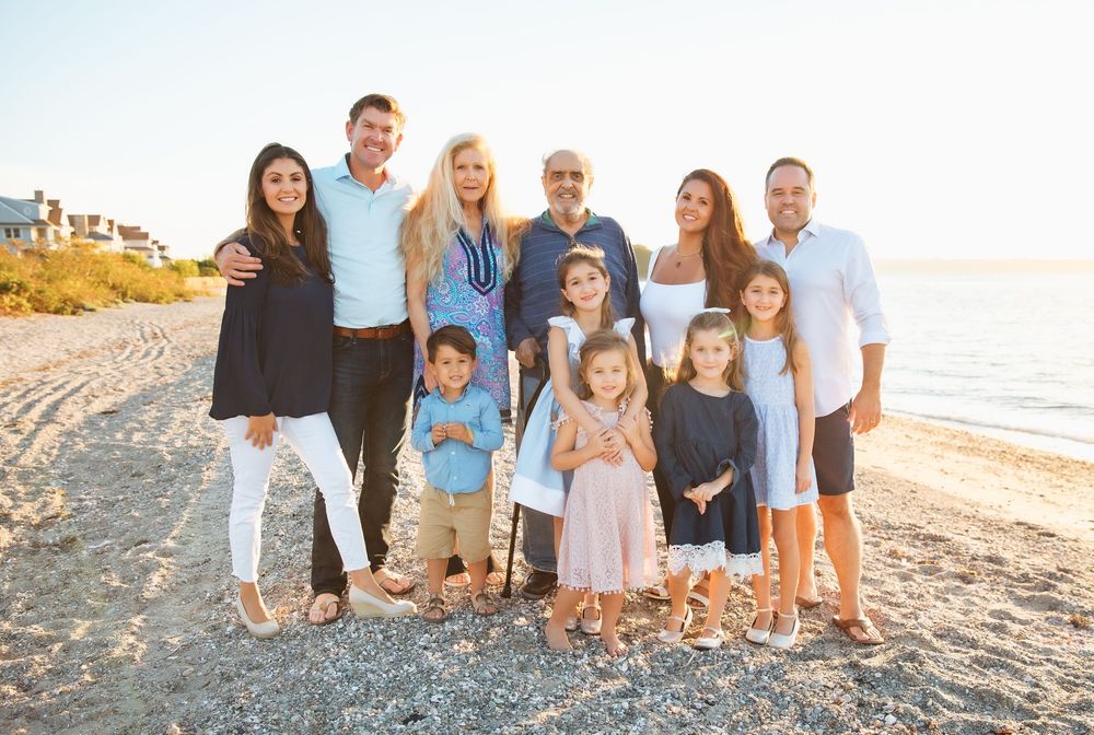 Large family group portrait on a sunny beach. extended family photoshoot Portsmouth Rhode Island