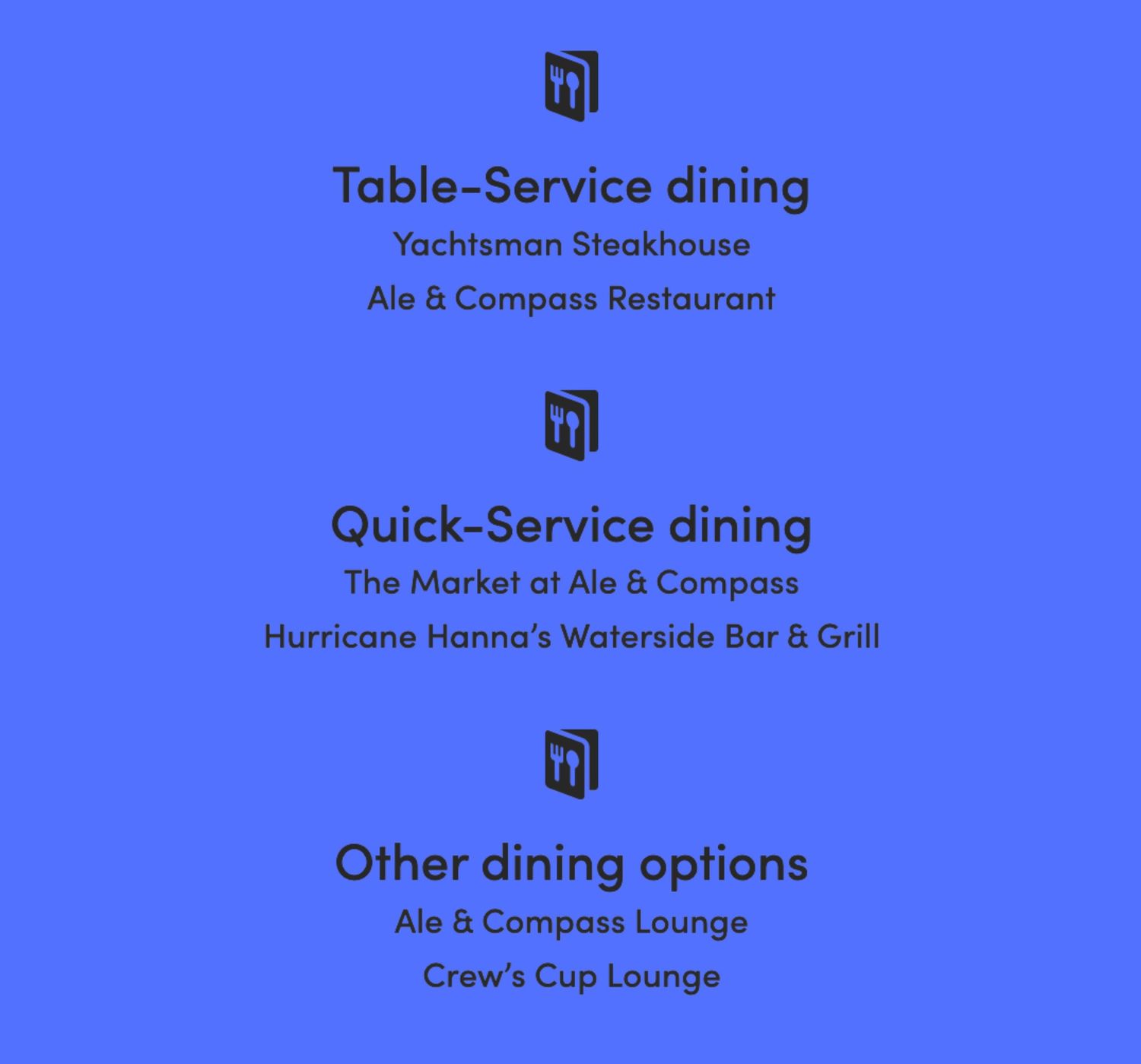 Menu of dining options at Disney resort featuring table-service, quick-service and lounge venues.