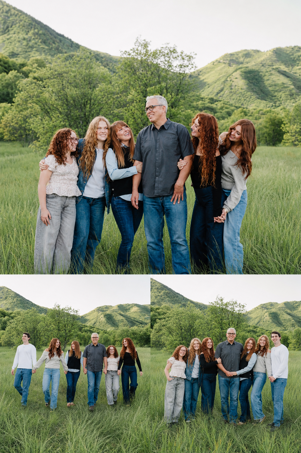 Family portrait in green meadow with mountain backdrop, parents and children posing together in casual jeans outfits.