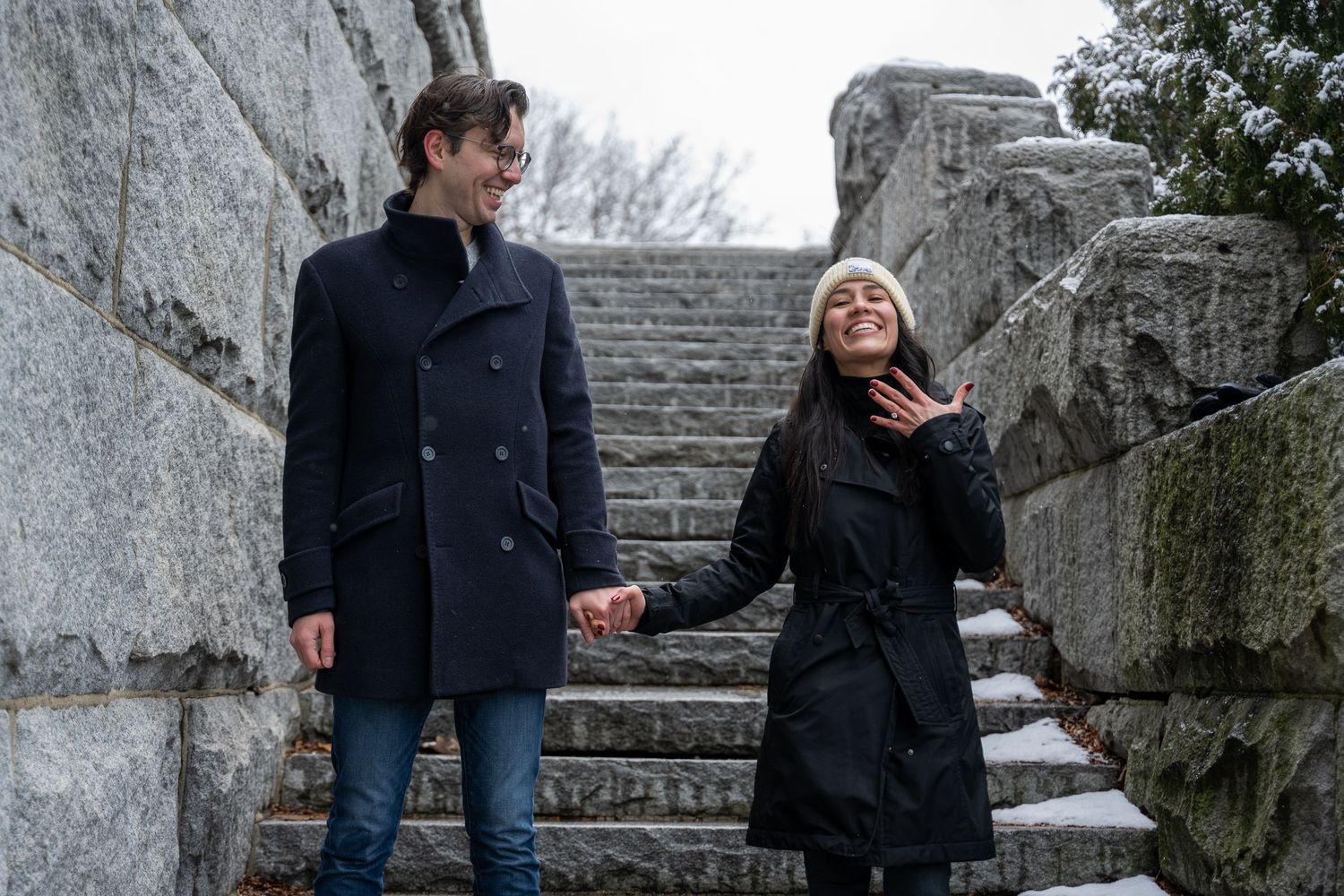 Engagement photo of couple at South Pond in Chicago