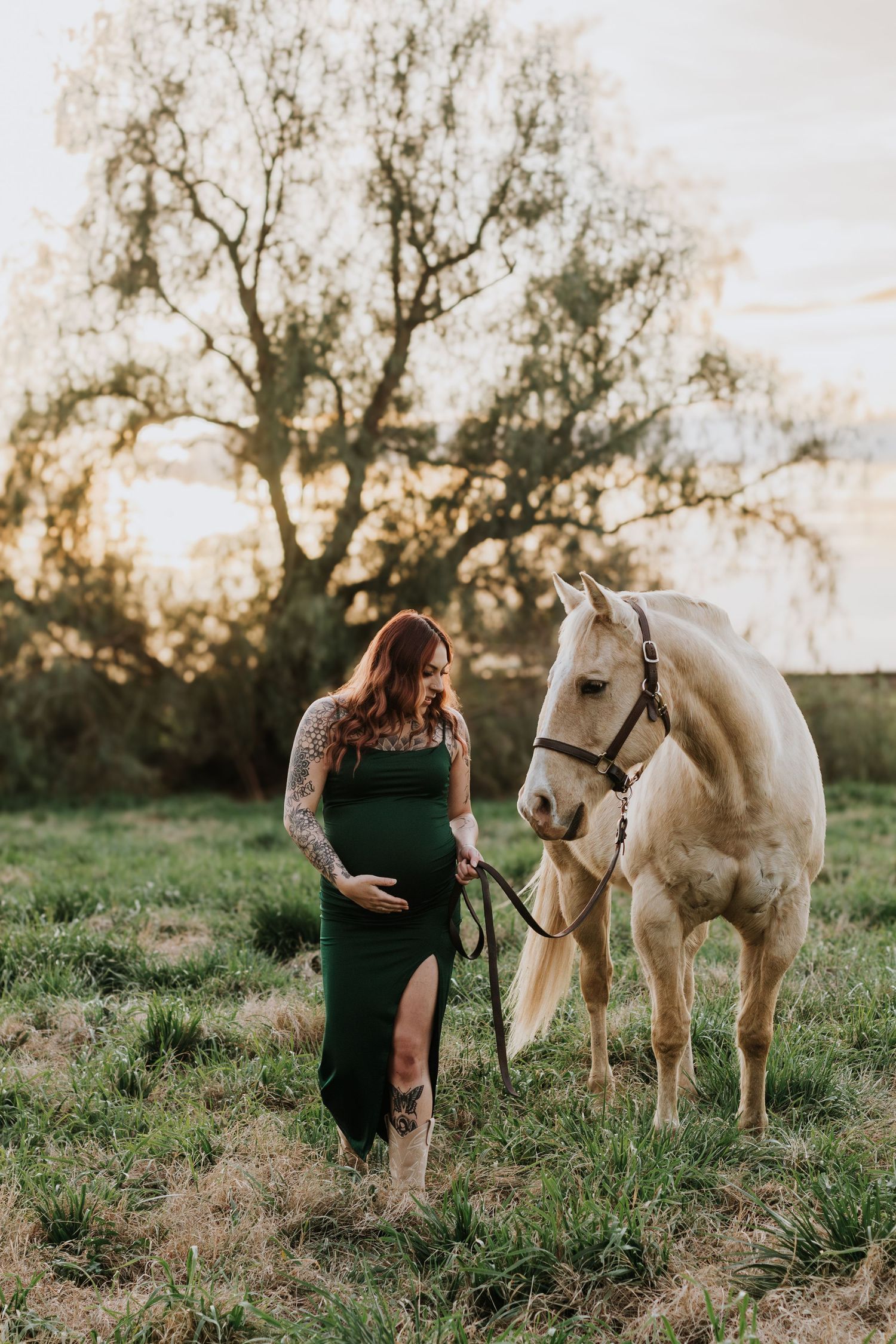 A beautiful white horse stands next to someone in an emerald green dress in a grassy field at sunset.
